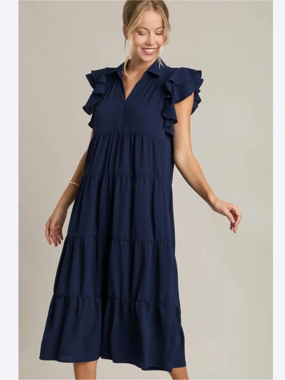 Umgee USA Ruffled Split Neck Tiered Midi Dress Woman XL Blue Boho Office Casual